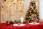 A table decorated for a Christmas party