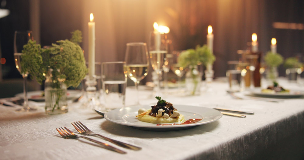 A table setting at a banquet hall.